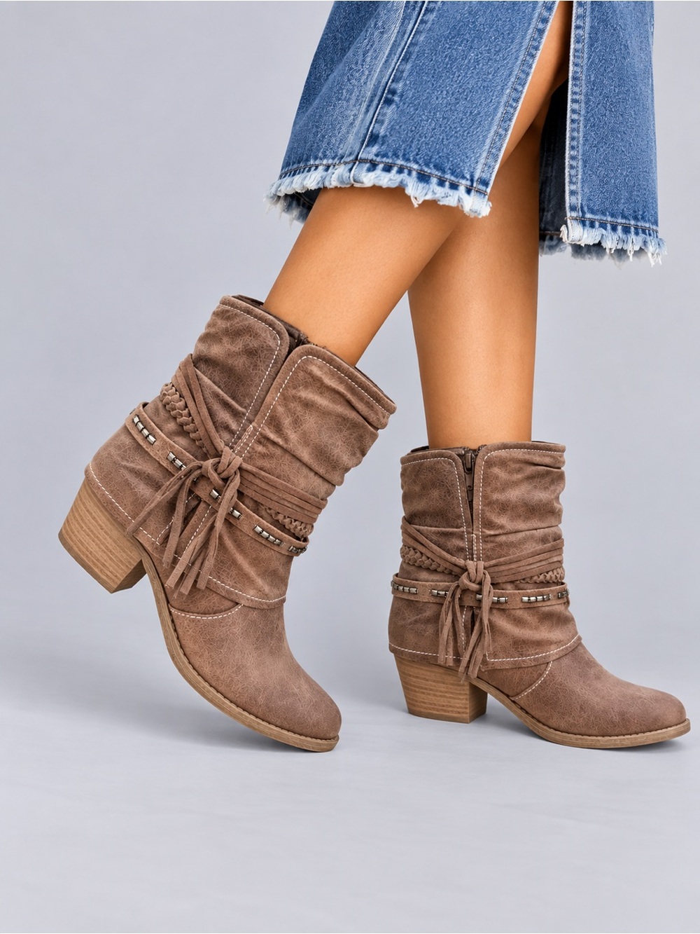 Ladies Jellypop Adilene Taupe Brown Suede Ankle Boots with Braided Tassel Detail
